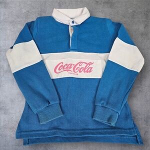 Vintage Coca-Cola Blue & White Rugby Long Sleeve‎ Polo Shirt Size 6 Kids L29